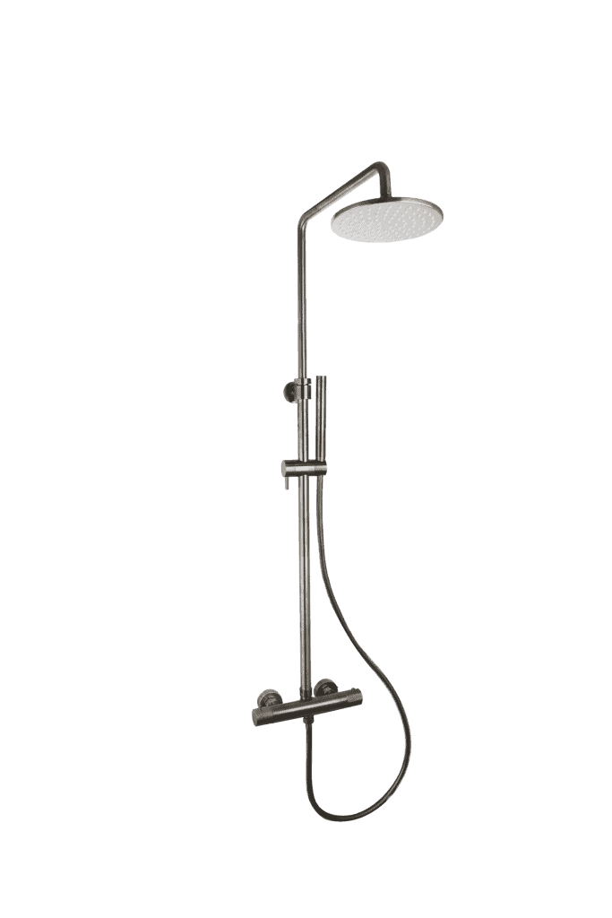 Moderne doucheset met grote regenwater douchekop en verstelbare handdouche, ideaal voor een luxe badkamer.