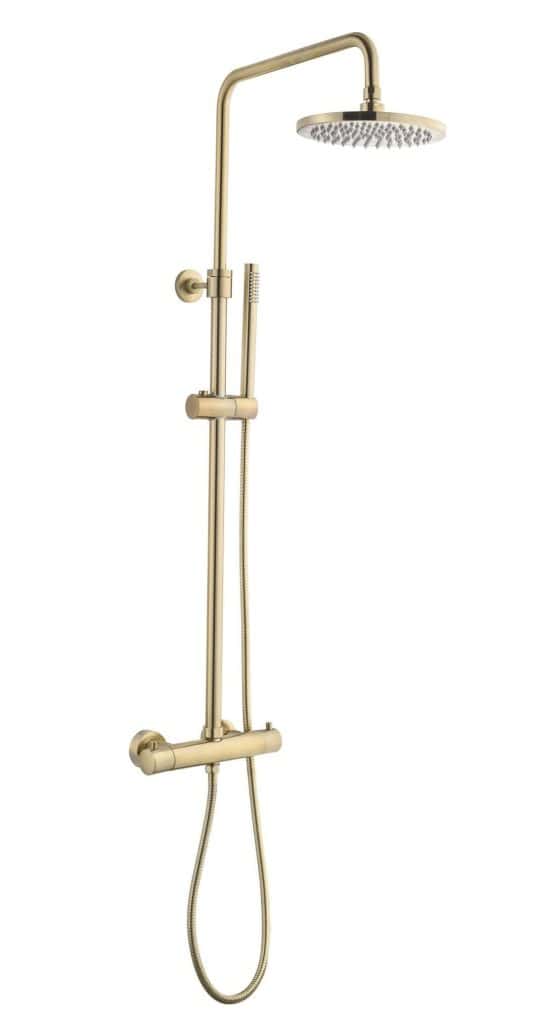 Modern badkamerdouche met goudkleurige afwerking, inklusief handdouche, regenkop en thermostatische mengkraan voor luxe en comfort. Geschikt voor stijlvolle badkamers.