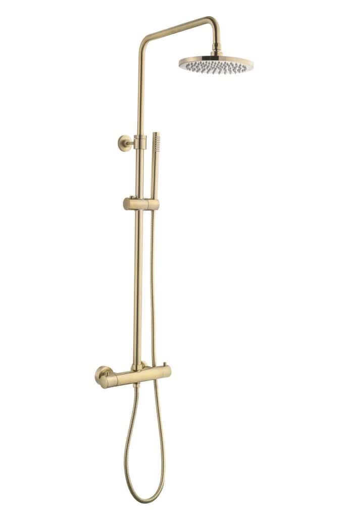 Robuuste goudkleurige thermostatische doucheset met regen- en handdouche, modern design, perfect voor luxe badkamers, verkrijgbaar bij Badkamershop.