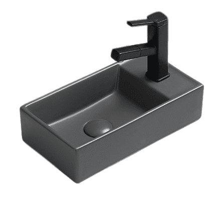 Luxe zwarte wastafel met bijpassende waterkraan voor een moderne badkamerinterieur.