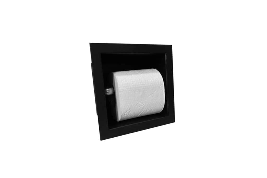 Rolhouder met toiletpapier in zwart wandframe, modern en praktisch badkameraccessoire voor toilet en raamdecoratie, inclusief toiletrol, geschikt voor stijlvolle badkamers.