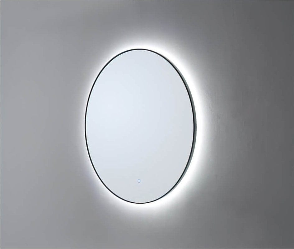 Geleid badkamerspiegel met verlichte rand en strak design voor een moderne badkamer.