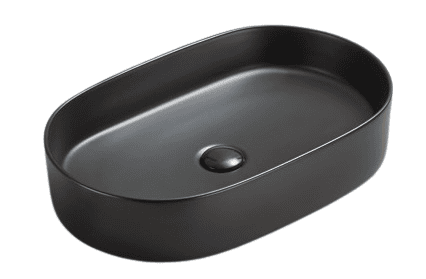 Een moderne, zwarte waskom in ovaalvorm, perfect voor een strakke badkamerlay-out.